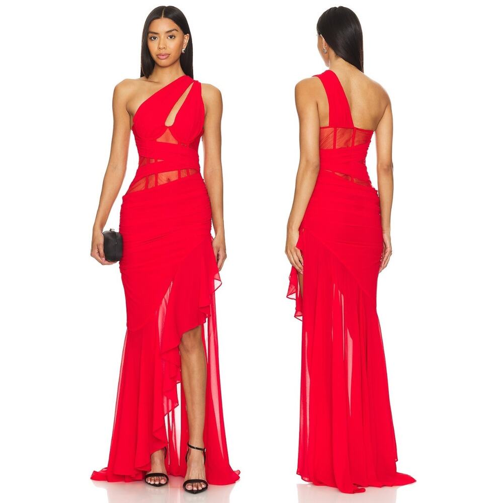 NBD Christian Gown Corset One Shoulder Tulle Ruffle Formal Party Gala Prom S